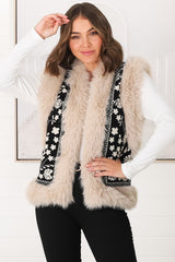 Wolfe Knit Vest - Faux Fur Trim Open Vest in Black