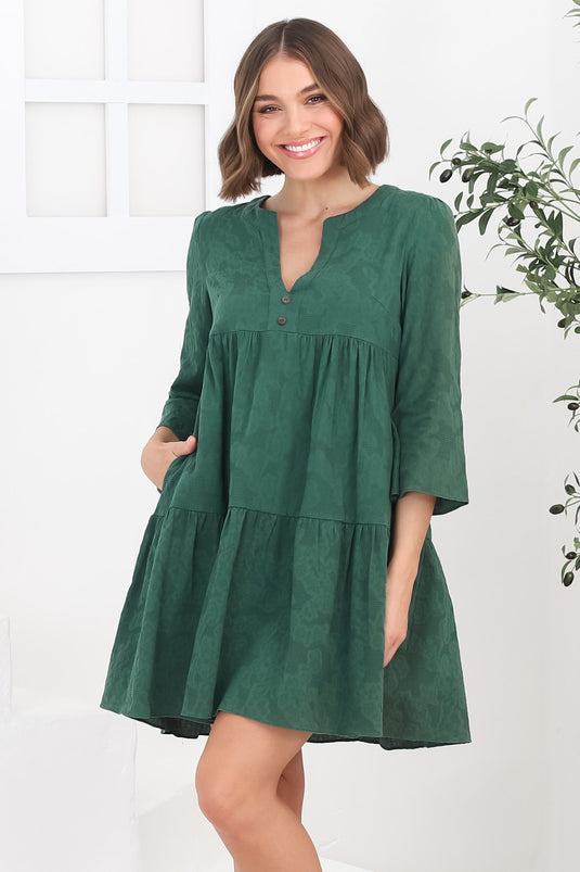 Deedi Mini Dress - Metalesse Cotton Smock Dress in Green