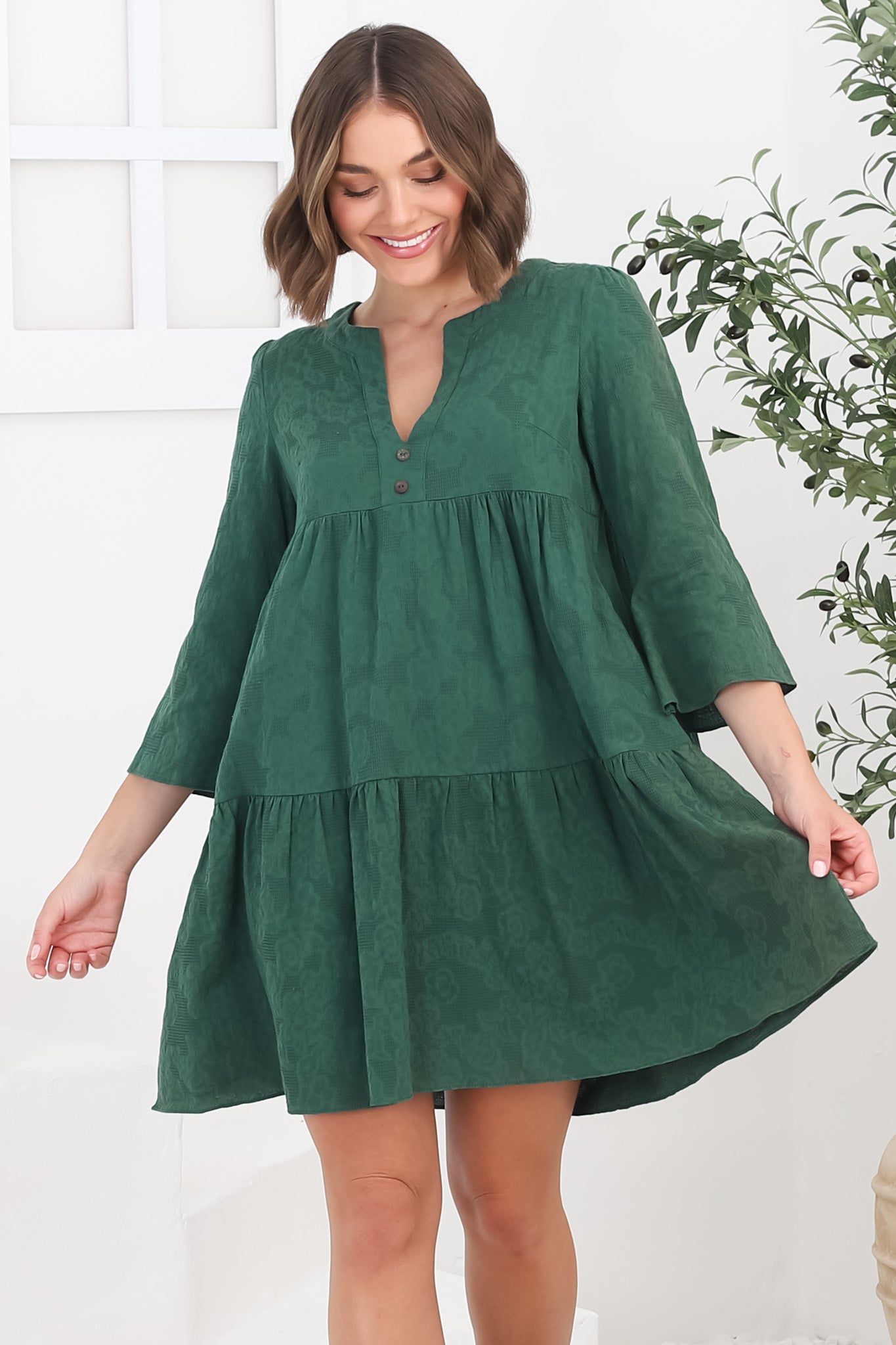 Deedi Mini Dress - Metalesse Cotton Smock Dress in Green