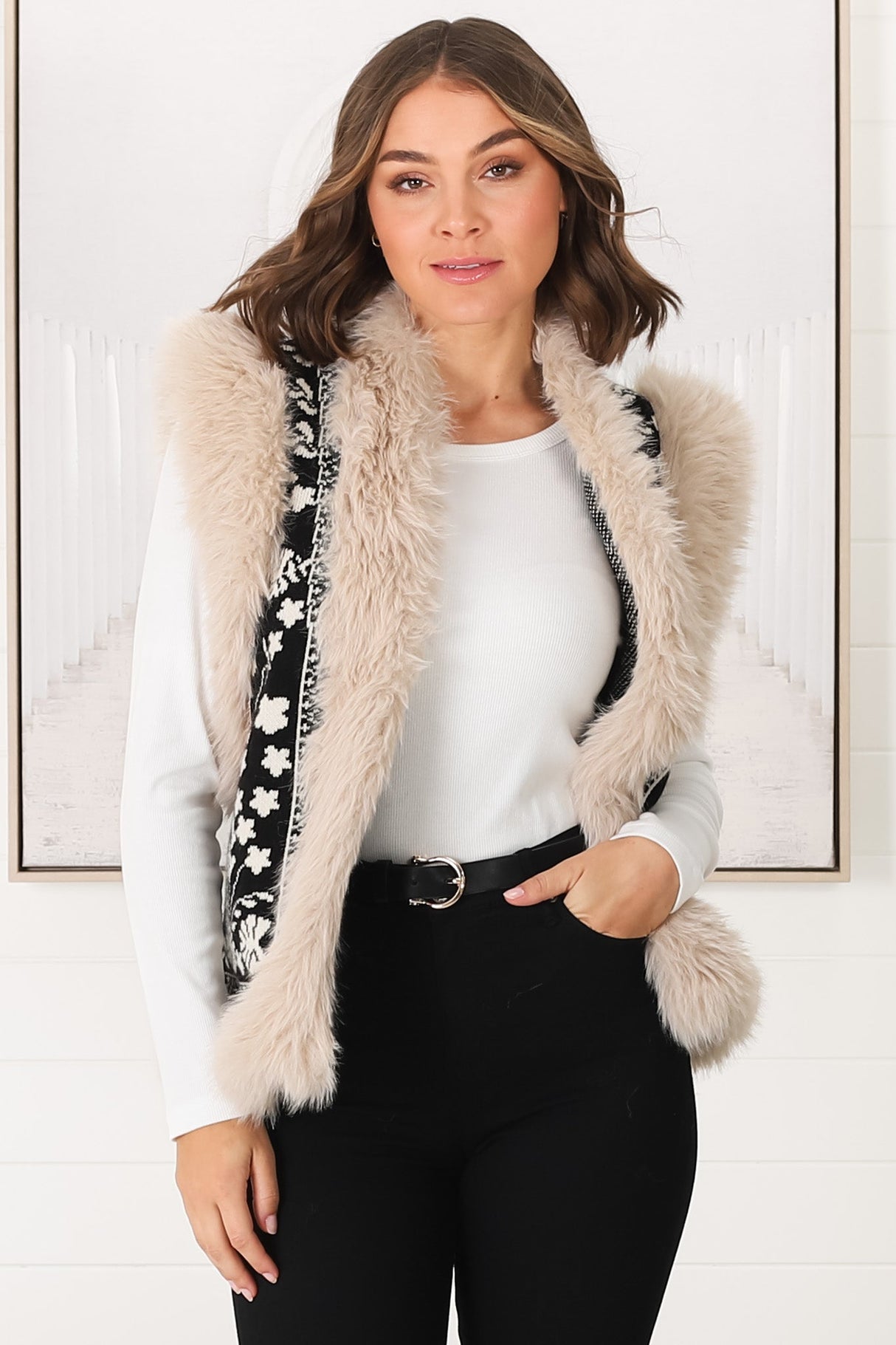 Wolfe Knit Vest - Faux Fur Trim Open Vest in Black