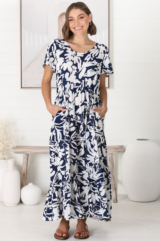 Allegra Midi Dress - Relaxed Asymmetric Tiered Smock Dress in Charis Print Blue
