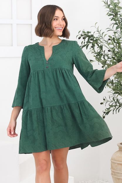 Deedi Mini Dress - Metalesse Cotton Smock Dress in Green