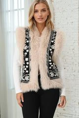 Wolfe Knit Vest - Faux Fur Trim Open Vest in Black