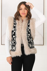 Wolfe Knit Vest - Faux Fur Trim Open Vest in Black