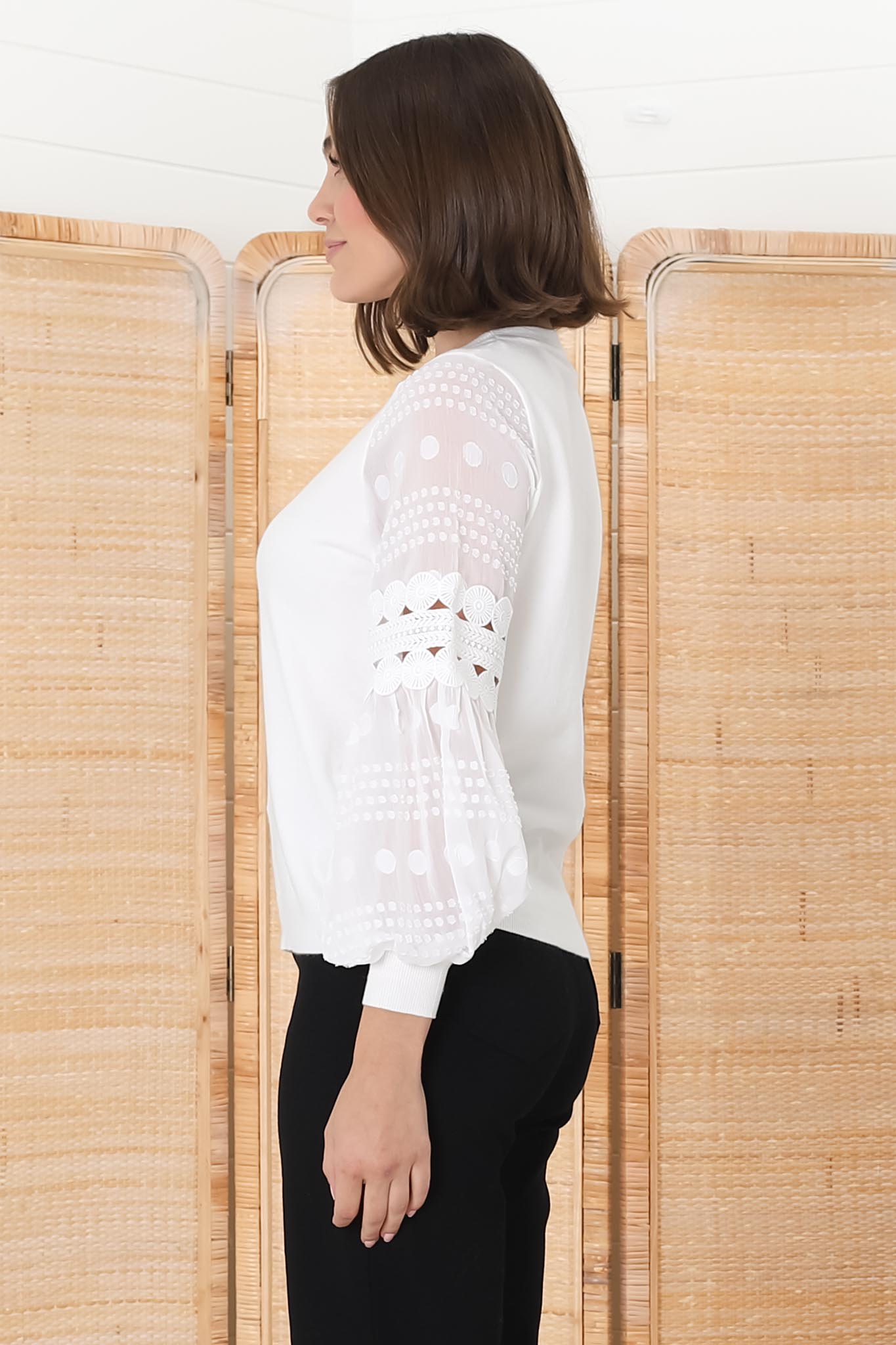 Falinda Knit Top - Crew Neck Lace Sleeve Knit in White