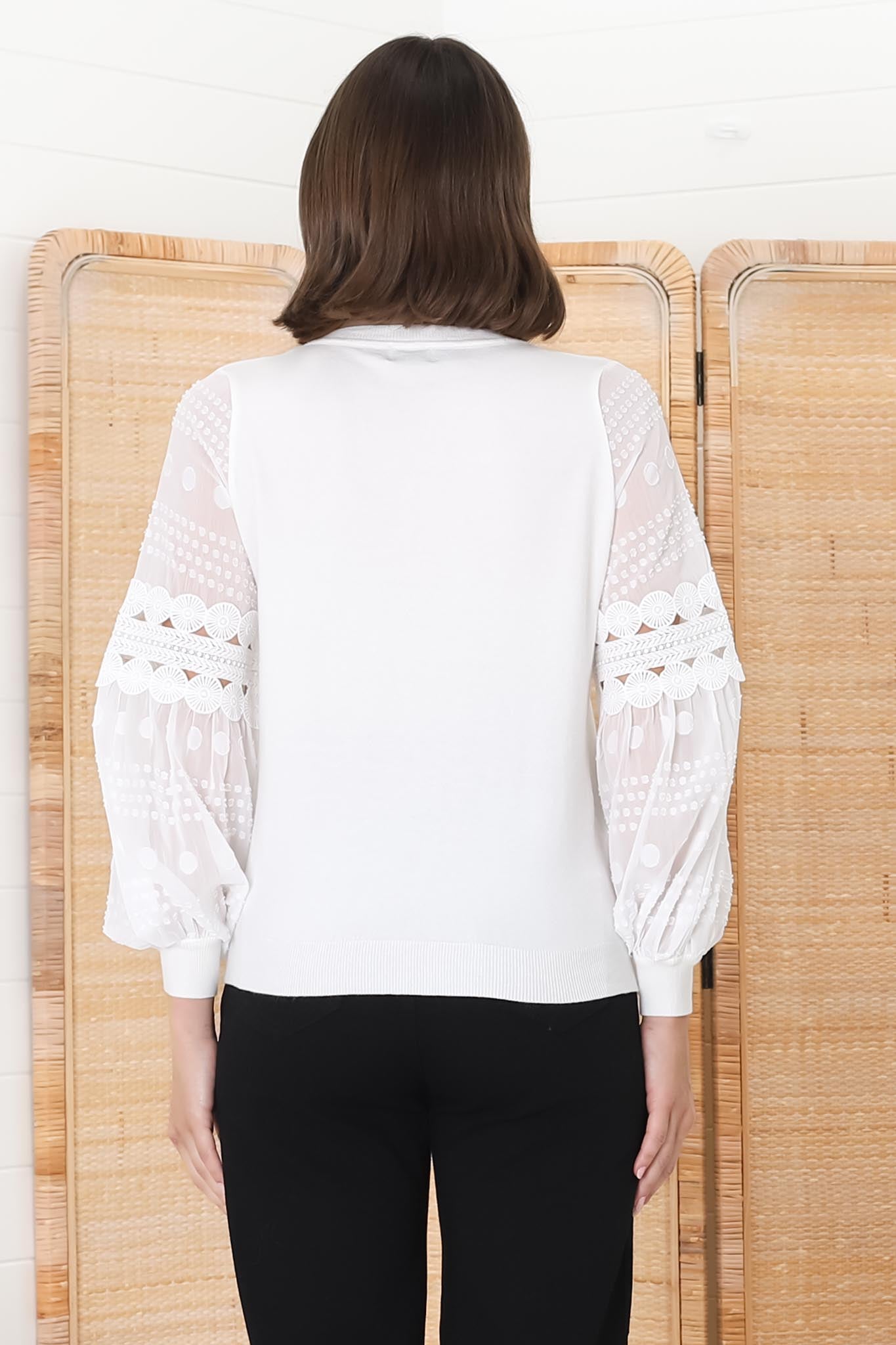 Falinda Knit Top - Crew Neck Lace Sleeve Knit in White