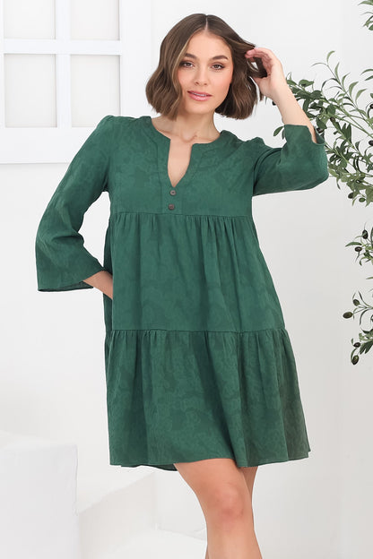 Deedi Mini Dress - Metalesse Cotton Smock Dress in Green