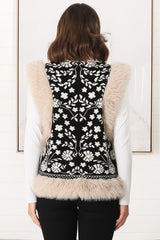 Wolfe Knit Vest - Faux Fur Trim Open Vest in Black