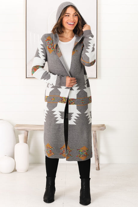 Quest Cardigan - Hooded Long Line Graphic Cardigan in Grey