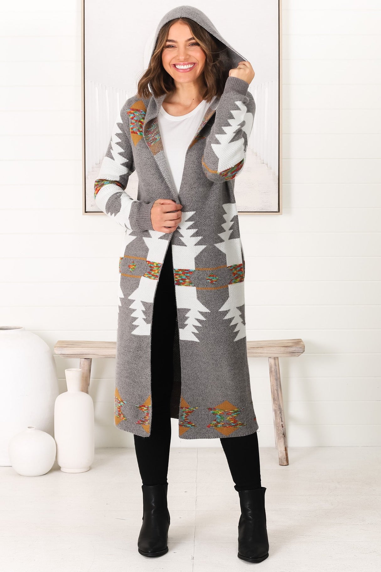 Quest Cardigan - Hooded Long Line Graphic Cardigan in Grey