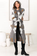 Quest Cardigan - Hooded Long Line Graphic Cardigan in Grey