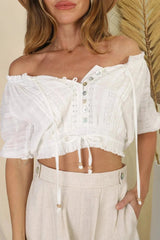 Nadiya Crop - Adjustable Neck and Hemline Crop with Pleating Details in White