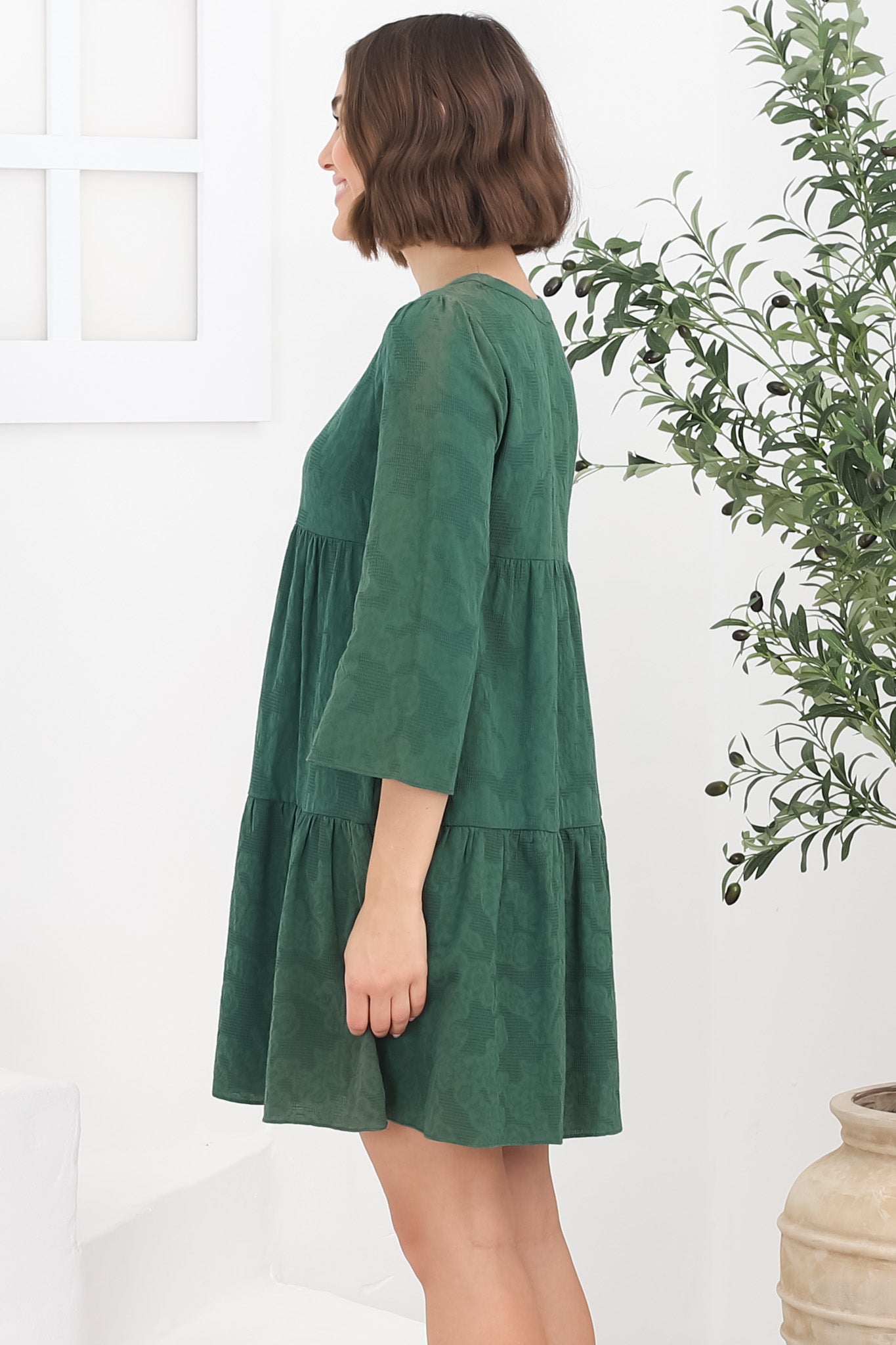 Deedi Mini Dress - Metalesse Cotton Smock Dress in Green