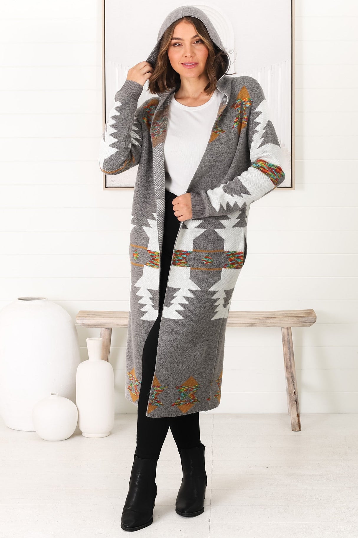 Quest Cardigan - Hooded Long Line Graphic Cardigan in Grey