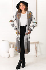 Quest Cardigan - Hooded Long Line Graphic Cardigan in Grey