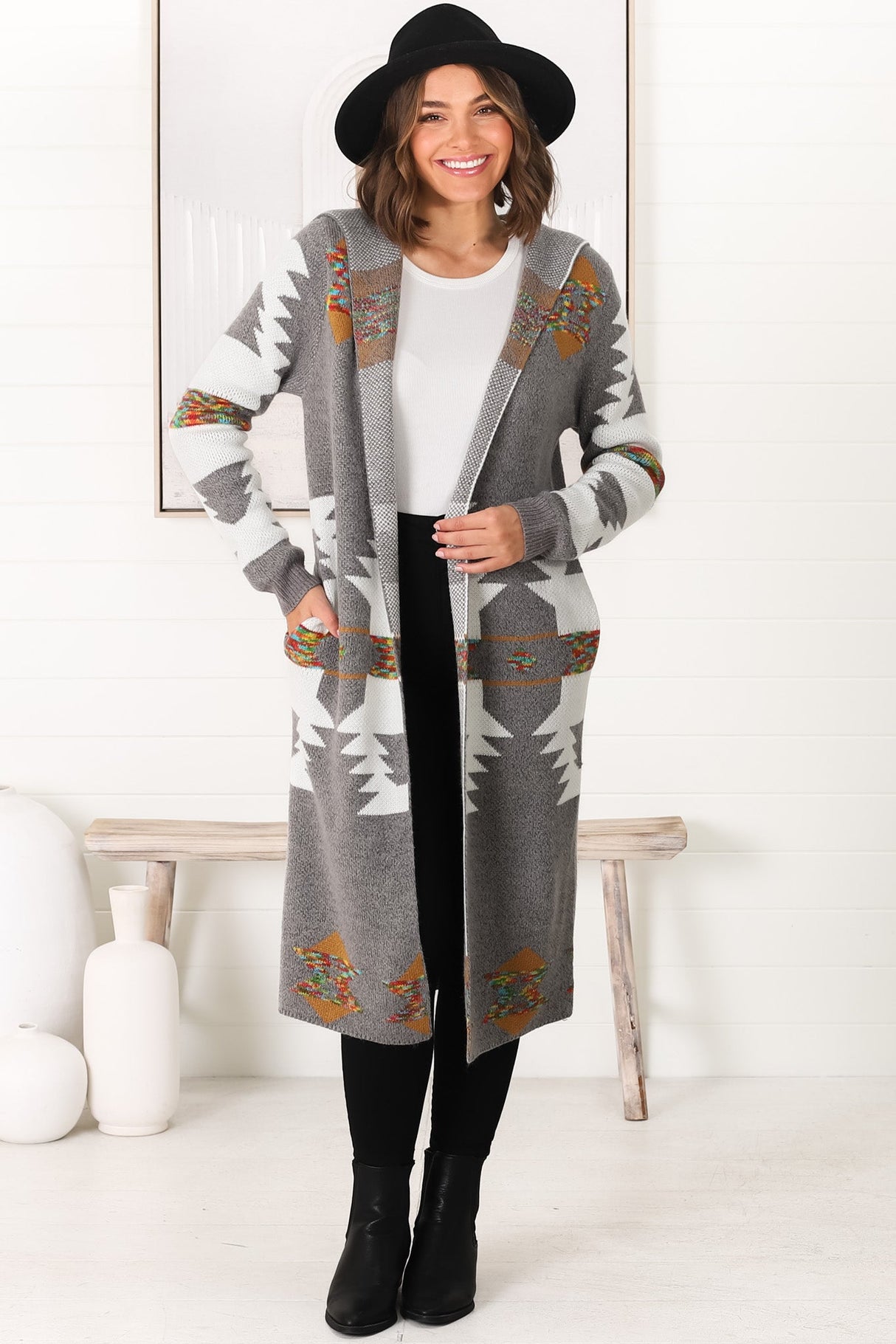 Quest Cardigan - Hooded Long Line Graphic Cardigan in Grey