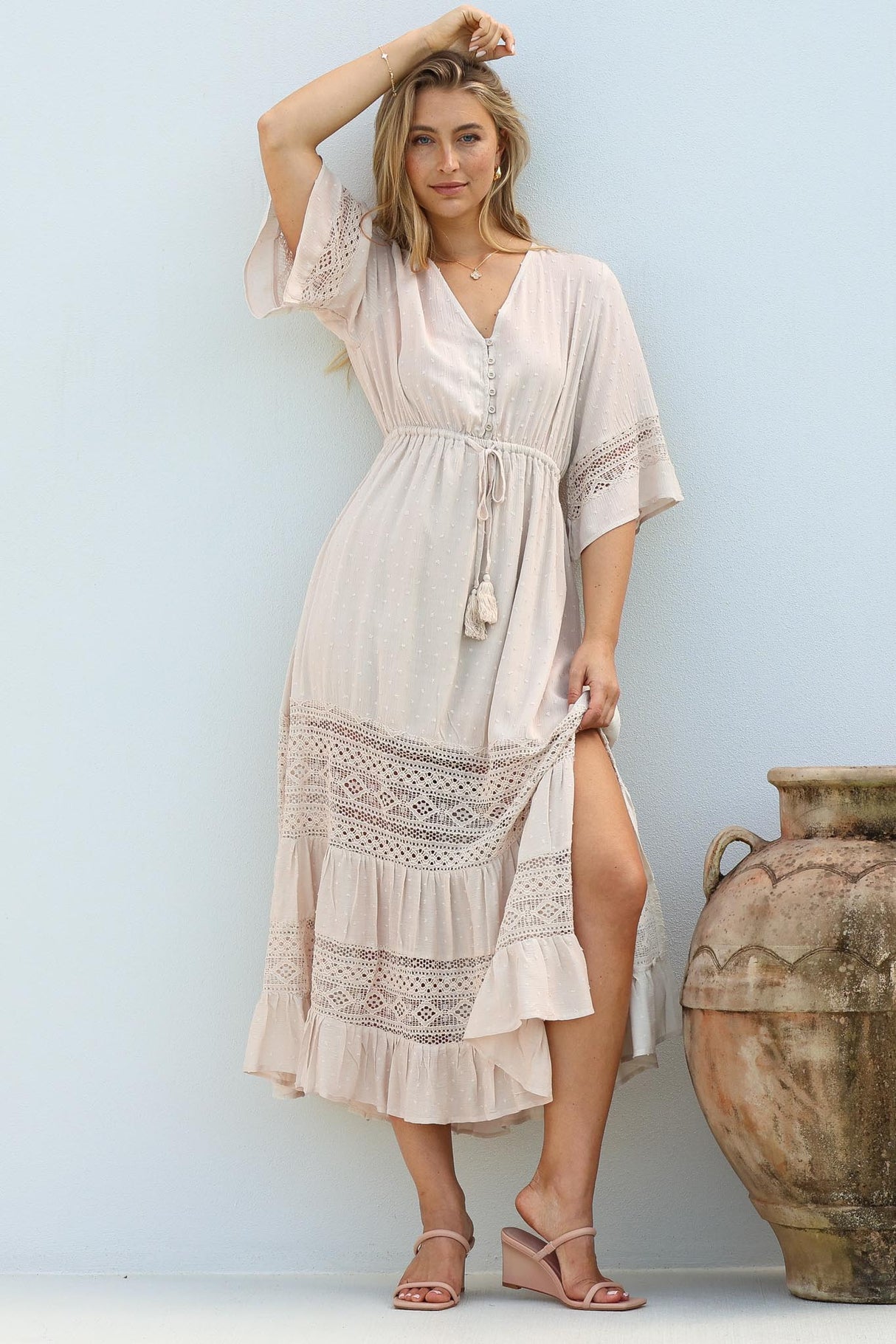 Kaely Maxi Dress - Delicate Lace Panel Detailed A Line Dress in Cream