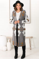 Quest Cardigan - Hooded Long Line Graphic Cardigan in Grey