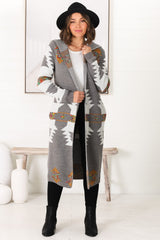 Quest Cardigan - Hooded Long Line Graphic Cardigan in Grey