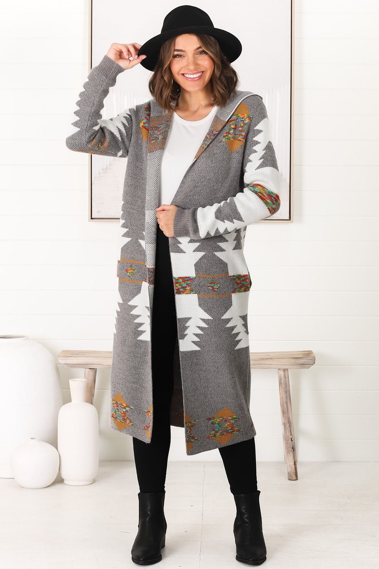 Quest Cardigan - Hooded Long Line Graphic Cardigan in Grey