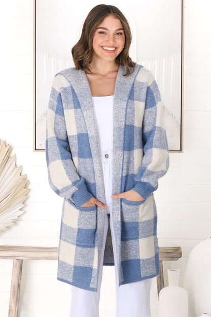 Nowel Cardigan - Hooded Checkered Cardigan with Pockets in Blue