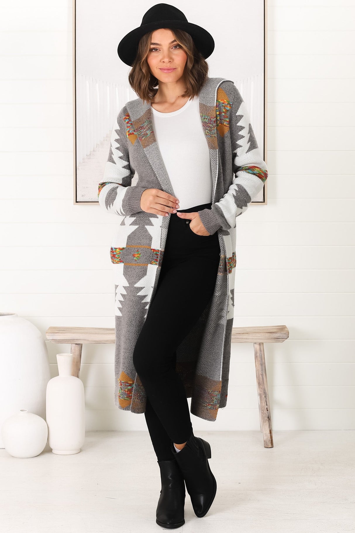 Quest Cardigan - Hooded Long Line Graphic Cardigan in Grey