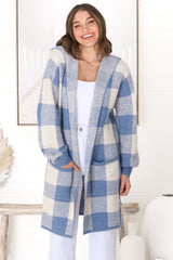 Nowel Cardigan - Hooded Checkered Cardigan with Pockets in Blue