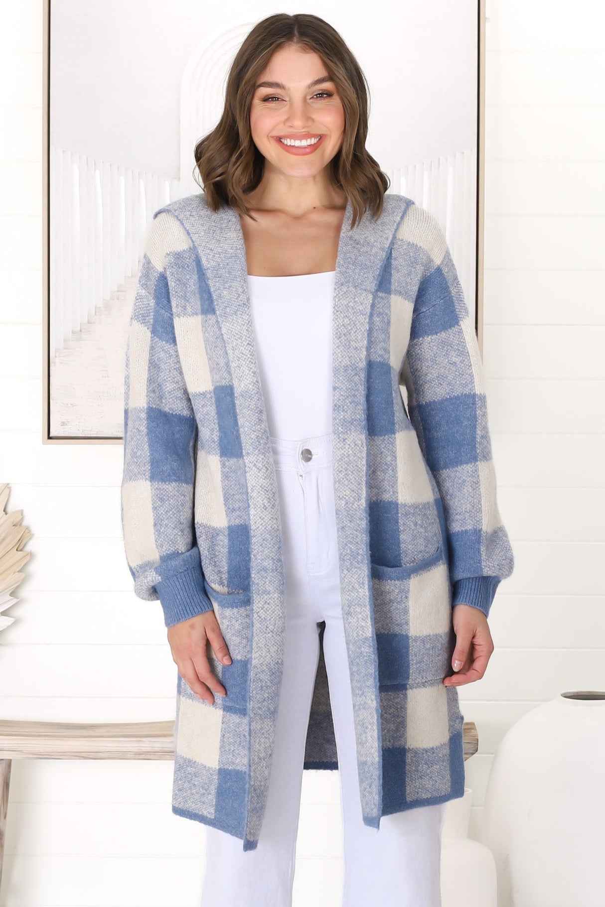 Nowel Cardigan - Hooded Checkered Cardigan with Pockets in Blue