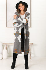 Quest Cardigan - Hooded Long Line Graphic Cardigan in Grey