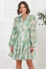 Cadell Mini Dress: Mandarin Collar Buttoned Down Dress in Odette Print