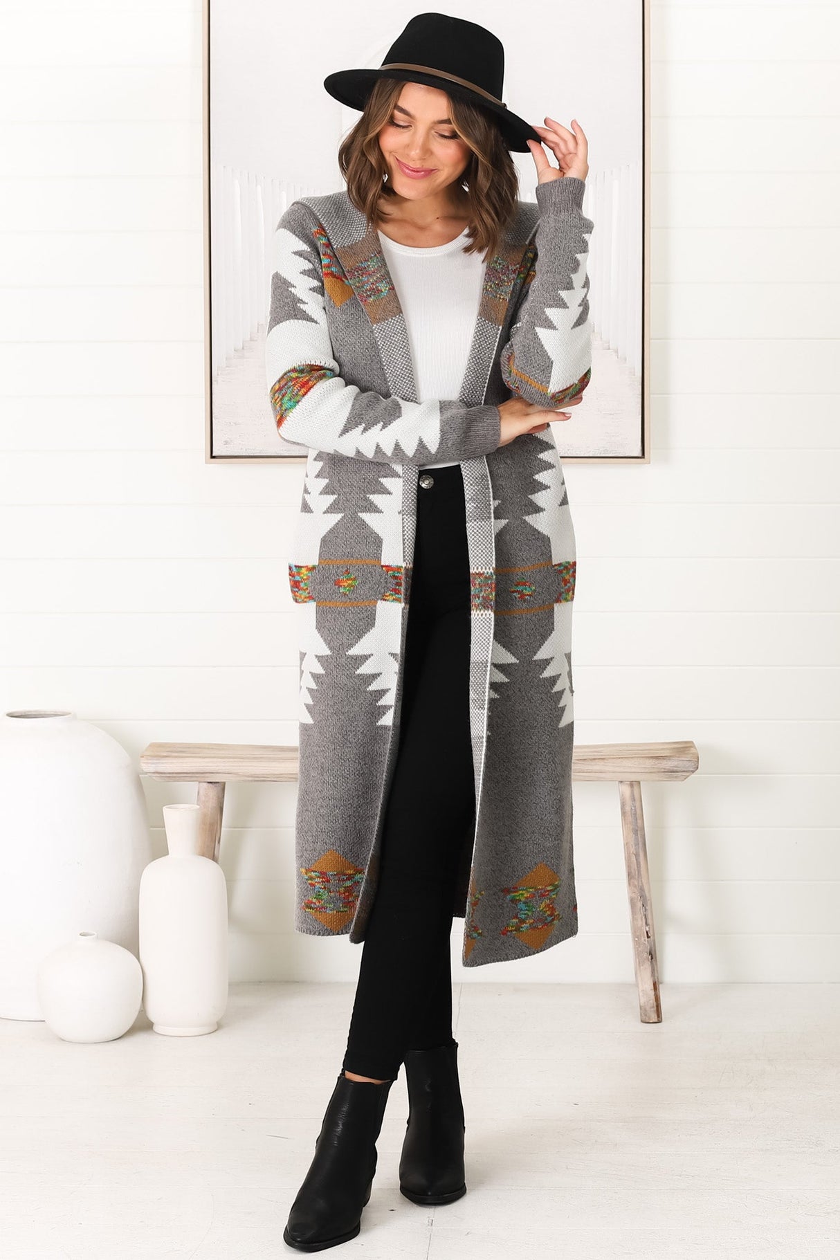 Quest Cardigan - Hooded Long Line Graphic Cardigan in Grey