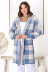 Nowel Cardigan - Hooded Checkered Cardigan with Pockets in Blue