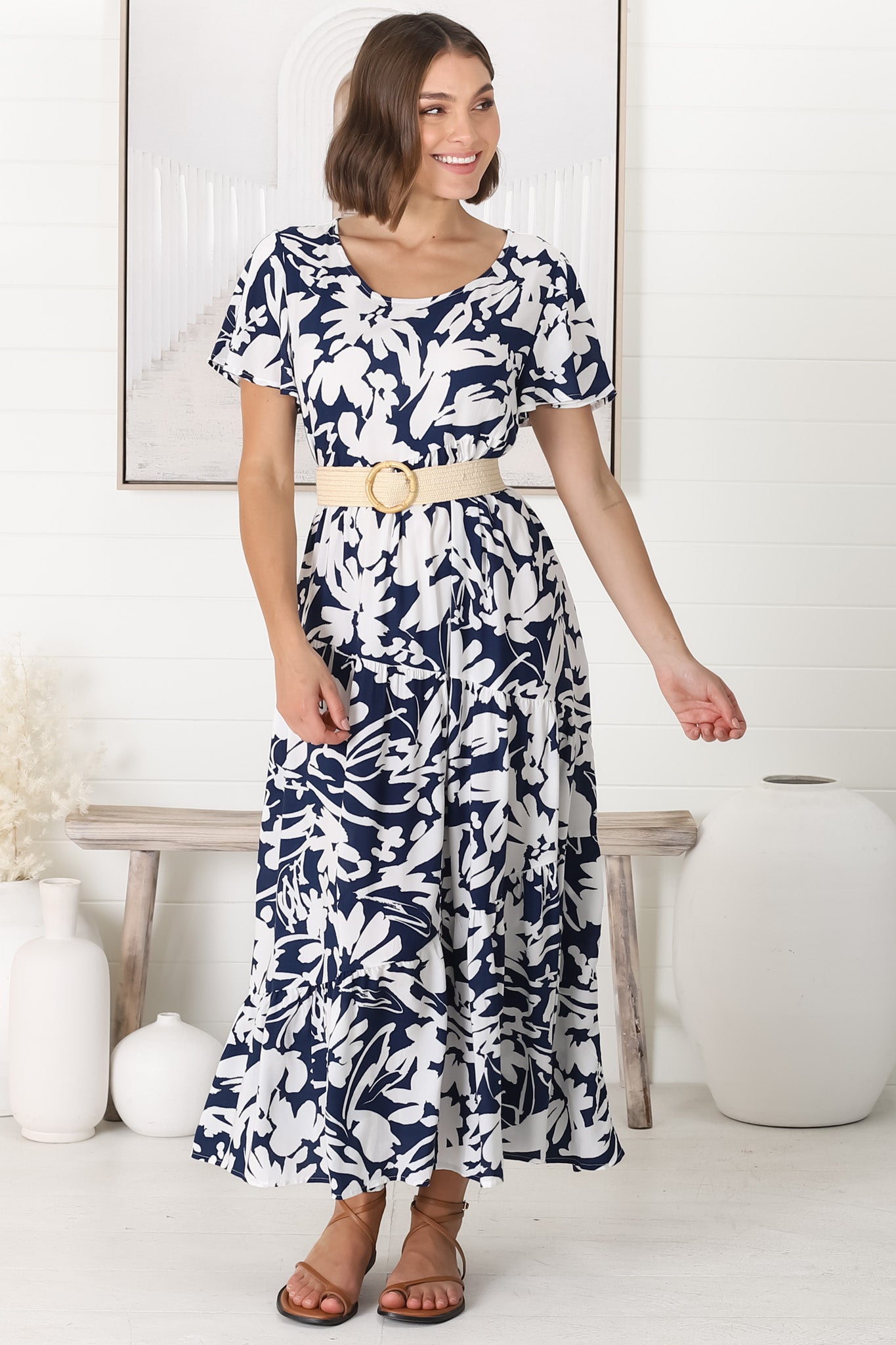Allegra Midi Dress - Relaxed Asymmetric Tiered Smock Dress in Charis Print Blue