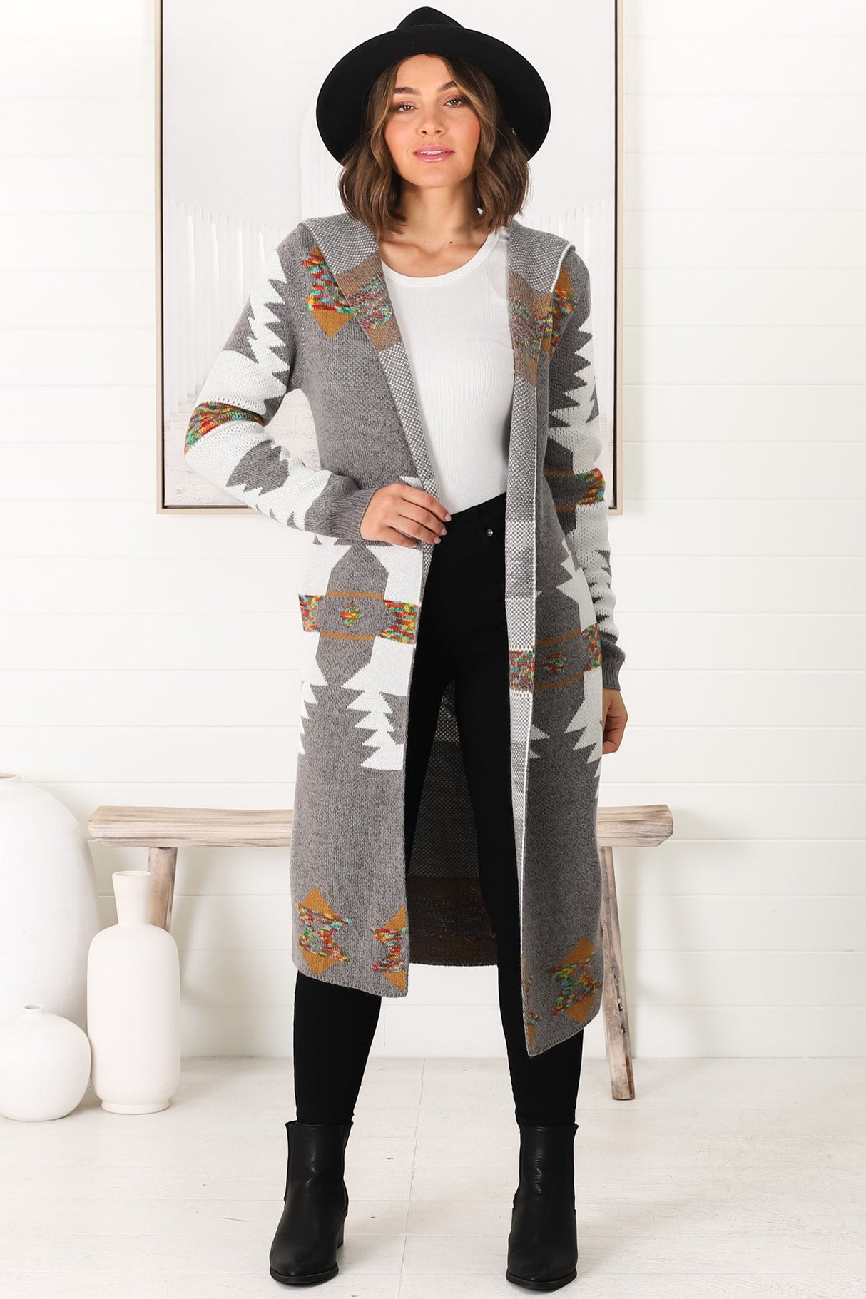 Quest Cardigan - Hooded Long Line Graphic Cardigan in Grey