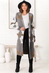 Quest Cardigan - Hooded Long Line Graphic Cardigan in Grey