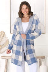 Nowel Cardigan - Hooded Checkered Cardigan with Pockets in Blue