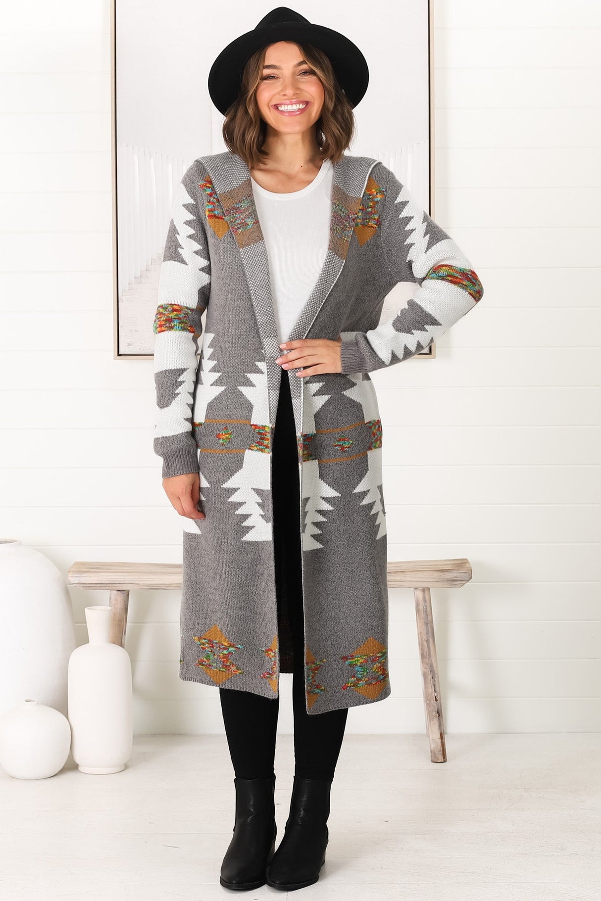 Quest Cardigan - Hooded Long Line Graphic Cardigan in Grey