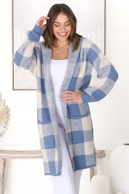 Nowel Cardigan - Hooded Checkered Cardigan with Pockets in Blue