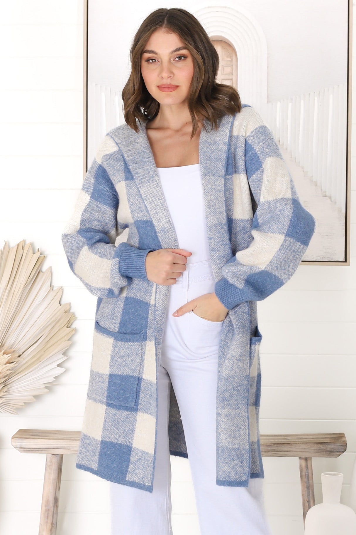 Nowel Cardigan - Hooded Checkered Cardigan with Pockets in Blue