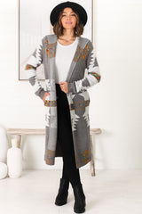 Quest Cardigan - Hooded Long Line Graphic Cardigan in Grey