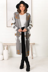 Quest Cardigan - Hooded Long Line Graphic Cardigan in Grey