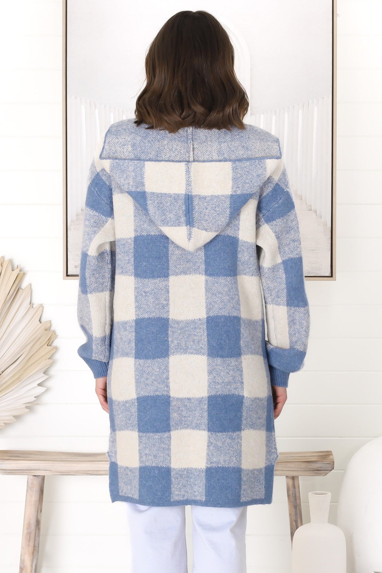 Nowel Cardigan - Hooded Checkered Cardigan with Pockets in Blue