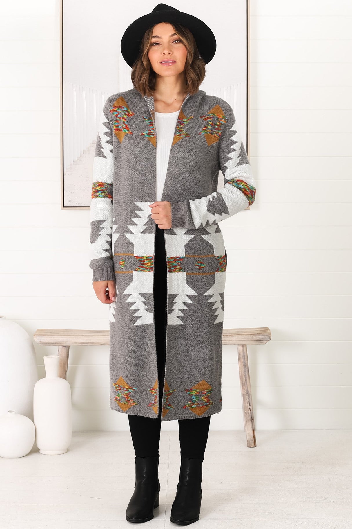 Quest Cardigan - Hooded Long Line Graphic Cardigan in Grey