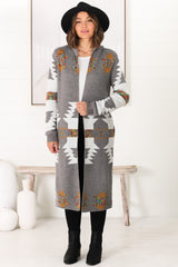 Quest Cardigan - Hooded Long Line Graphic Cardigan in Grey