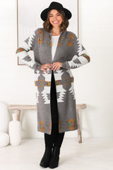 Quest Cardigan - Hooded Long Line Graphic Cardigan in Grey