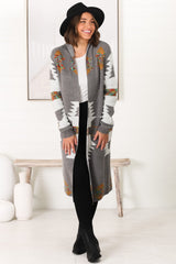 Quest Cardigan - Hooded Long Line Graphic Cardigan in Grey