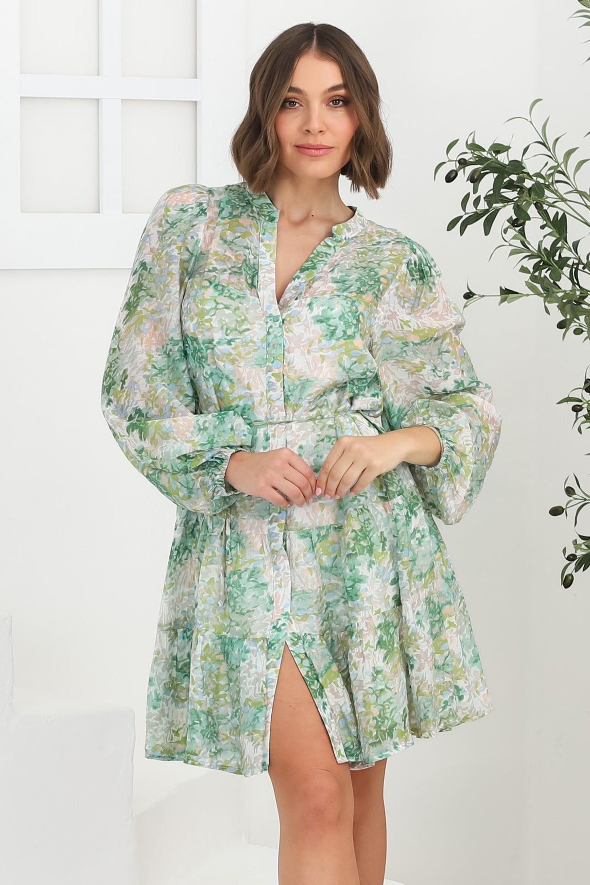 Cadell Mini Dress: Mandarin Collar Buttoned Down Dress in Odette Print