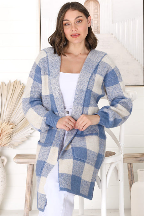 Nowel Cardigan - Hooded Checkered Cardigan with Pockets in Blue