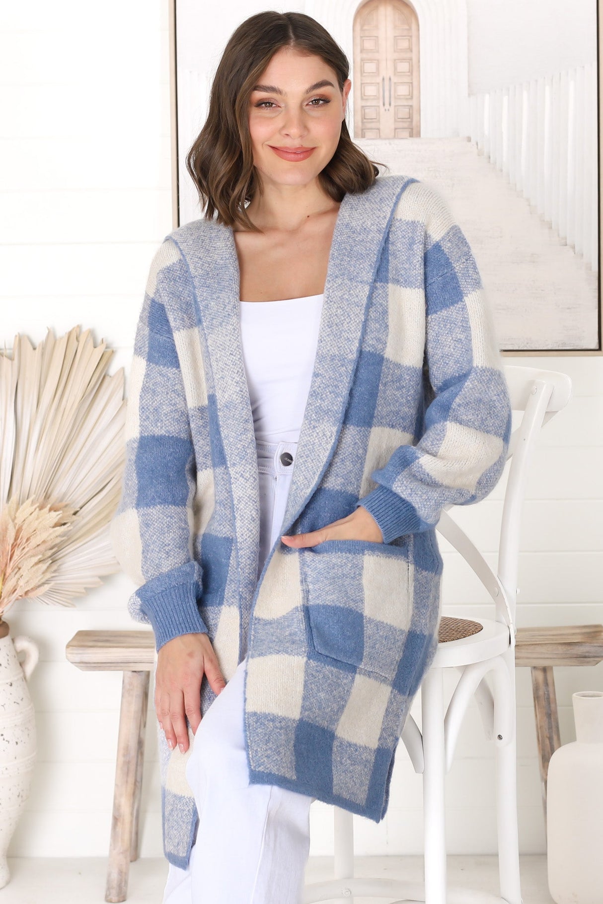 Nowel Cardigan - Hooded Checkered Cardigan with Pockets in Blue