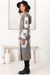 Quest Cardigan - Hooded Long Line Graphic Cardigan in Grey